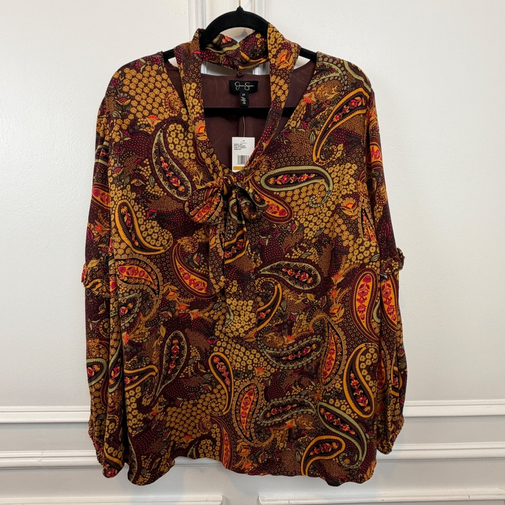 Jessica Simpson Penelope Blouse Deep Mahogany Paisley Tie Neck 3X 30203011-M41